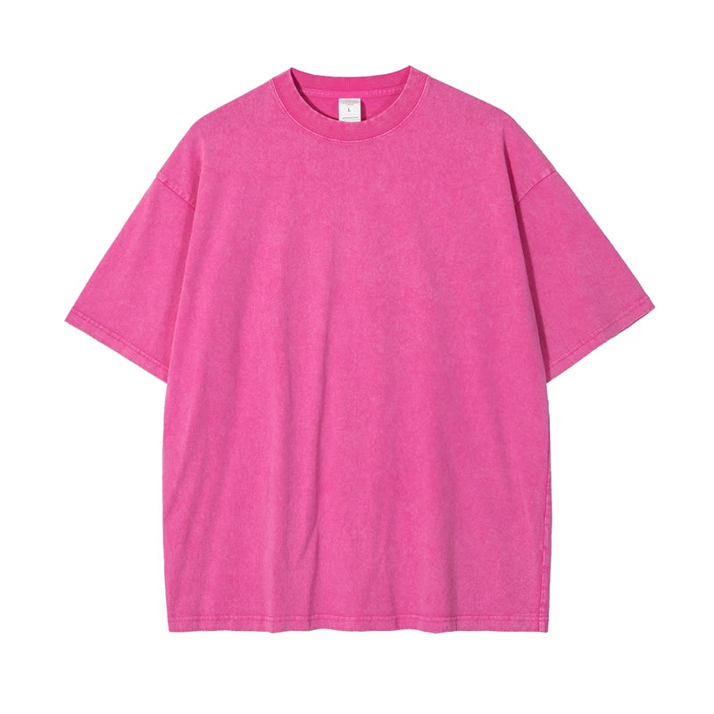 ZODF 2025 High Street Summer Washed Cotton Unisex Loose Retro Solid T-Shirt HY0113 - Fuchsia / S / China Mainland