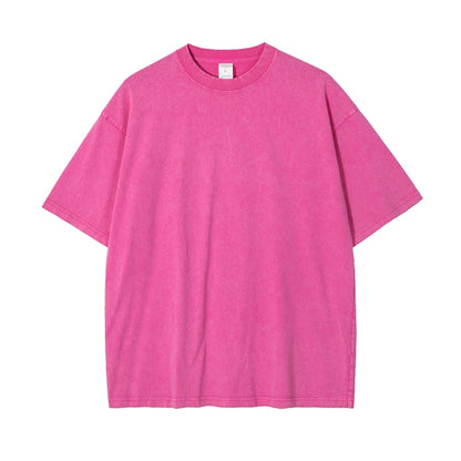 ZODF 2025 High Street Summer Washed Cotton Unisex Loose Retro Solid T-Shirt HY0113 - Fuchsia / S / China Mainland