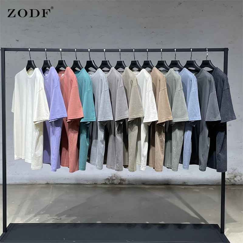 ZODF 2024 Summer Men 200gsm Washed Cotton Solid T Shirts Loose Unisex Male Casual Basic Comfortable T-Shirt Brand Tees HY0254