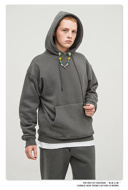 ZODF New Winter Men Basic Thick Fleece 345gsm Hoodies Casual Loose Hip Hop Unisex Hooded Sweatshirt Pullovers Tracksuits HY0010