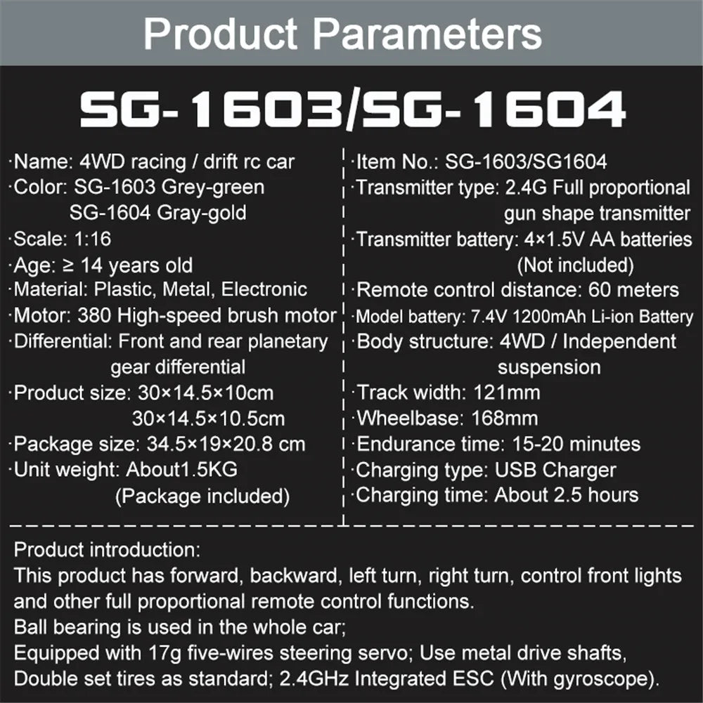 SG1606 SG1603 SG1604  1/16 RC Car High Speed 2.4G Brushless 4WD 1:16 Drift Remote Control Racing Car toys For Boys