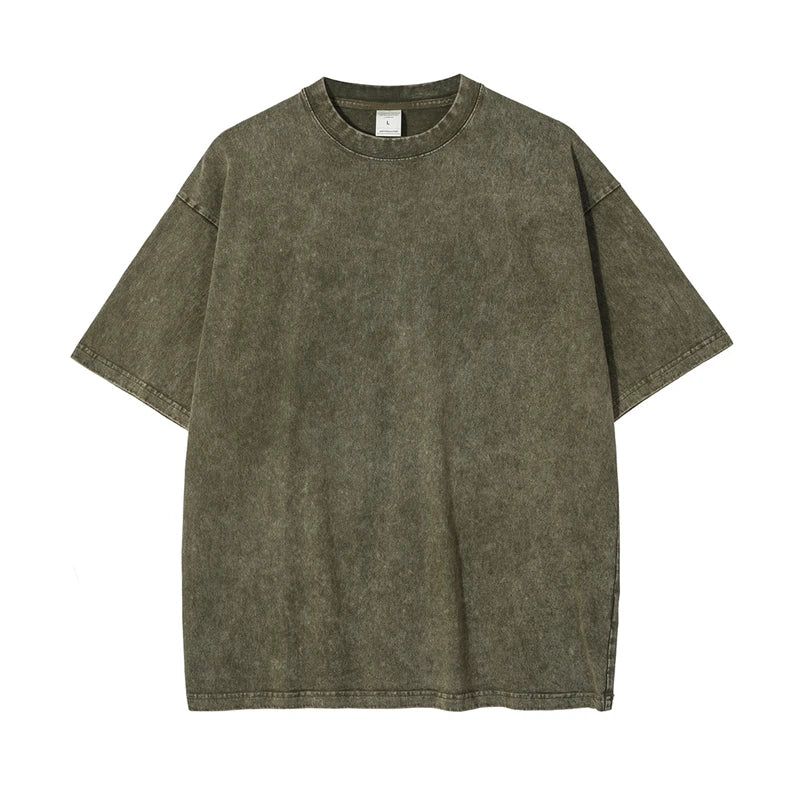 ZODF 2025 High Street Summer Washed Cotton Unisex Loose Retro Solid T-Shirt HY0113 - army green / S / China Mainland