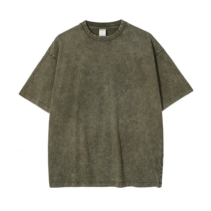 ZODF 2025 High Street Summer Washed Cotton Unisex Loose Retro Solid T-Shirt HY0113 - army green / S / China Mainland