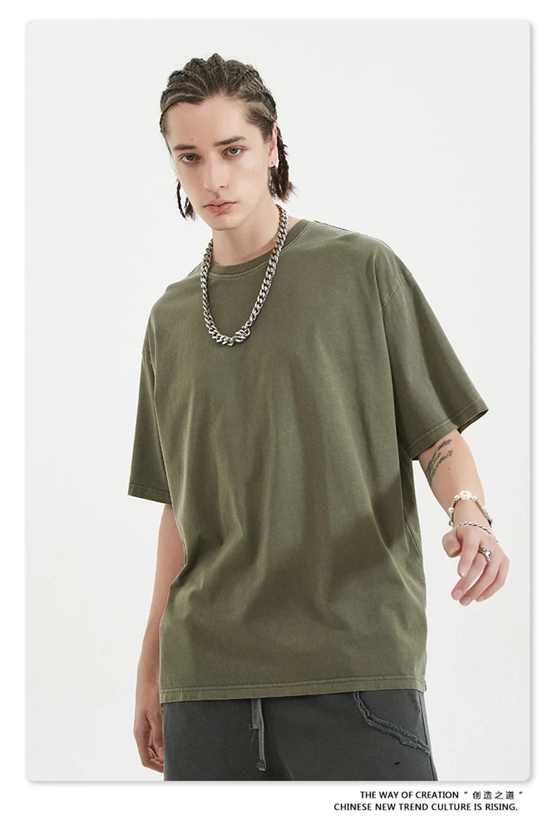 ZODF 2024 Summer Men 200gsm Washed Cotton Solid T Shirts Loose Unisex Male Casual Basic Comfortable T-Shirt Brand Tees HY0254