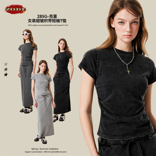 ZODF Retro 2025 Summer Women 285gsm T-Shirts Hotsweet Girls Sexy Slim Fit Washed Distressed T Shirt Brand Tees HY1013