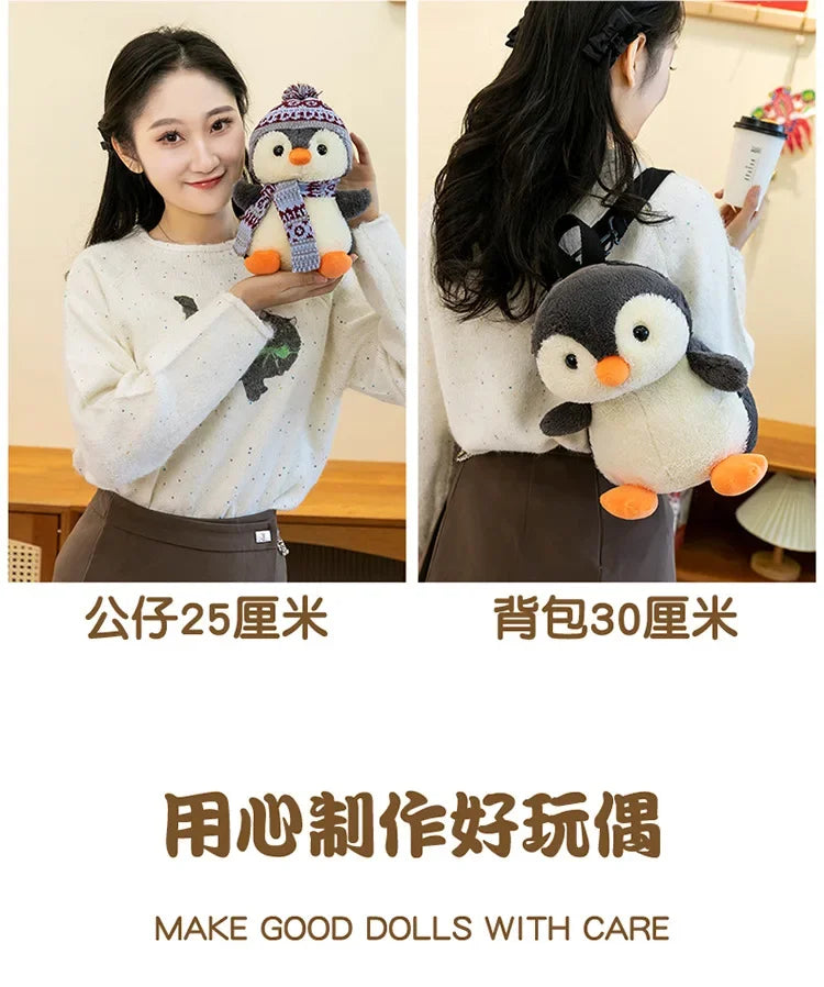 20-35cm Cute Penguin Wear Hat & Scarf Plush Toys Stuffed Animal Penguin Backpack Bags for Kids School Birthday Gift Xmas Decor