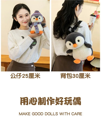 20-35cm Cute Penguin Wear Hat & Scarf Plush Toys Stuffed Animal Penguin Backpack Bags for Kids School Birthday Gift Xmas Decor