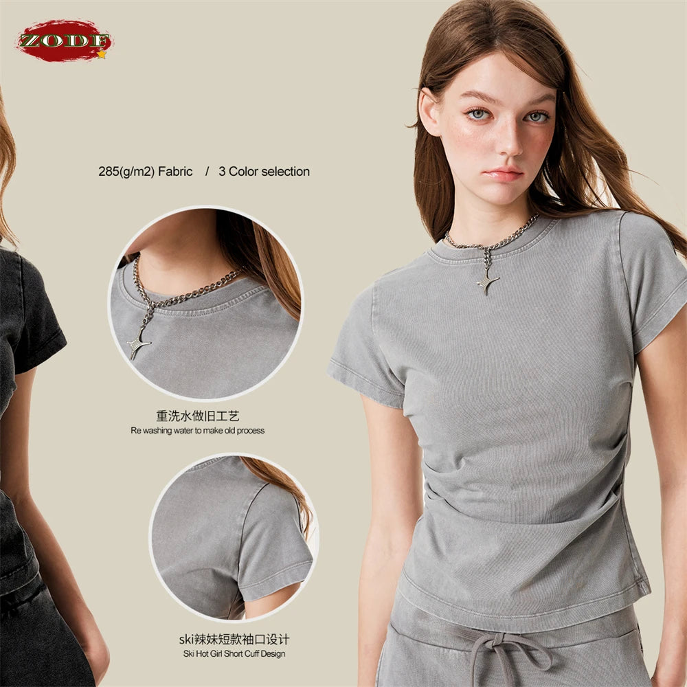 ZODF Retro 2025 Summer Women 285gsm T-Shirts Hotsweet Girls Sexy Slim Fit Washed Distressed T Shirt Brand Tees HY1013