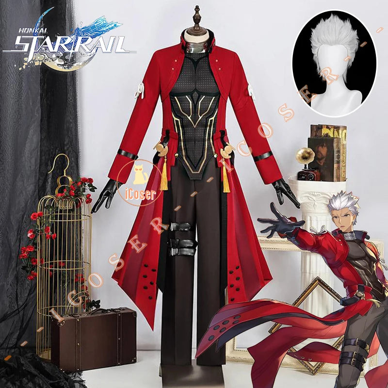 iCoser Honkai Star Rail Fate Archer Cosplay Costume Wig Uniform Red Coat Gloves Halloween Party for Women Girls Carnival Props