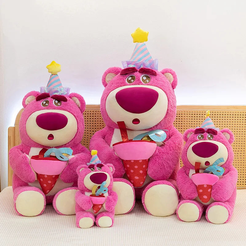 Disney Plush Strawberry Bear Doll with Birthday Hat Cute Stuffed Animal for Kids Birthday Xmas Gift Perfect Toy for Children And