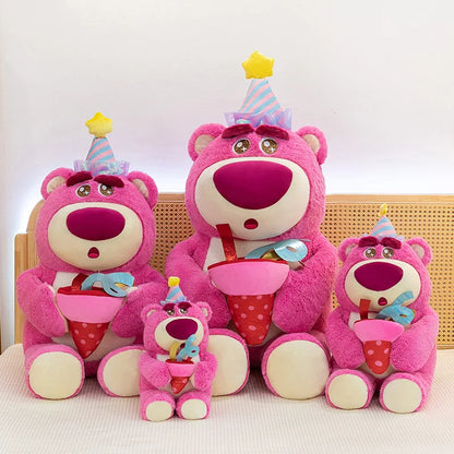 Disney Plush Strawberry Bear Doll with Birthday Hat Cute Stuffed Animal for Kids Birthday Xmas Gift Perfect Toy for Children And