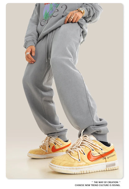 ZODF Retro Men Washed 380gsm 100% Cotton Sweatpant Unisex Loose Sport Solid Joggers Pants For Spring Autumn  HY0901