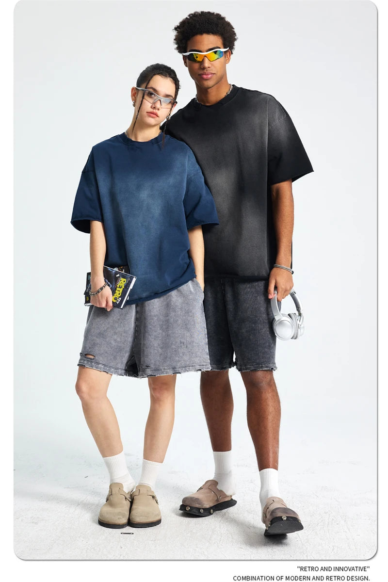 ZODF Retro Summer Men Washed 100% Cotton T-Shirts Unisex High Street Oversized Distressed Broken Neck T Shirt Brand Tees HY1050