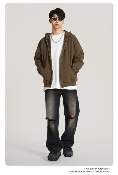 ZODF New Winter Men Zipper Fleece Hoodies Unisex Loose Heavy Weight Thick Warm Basic 420gsm Hooded Coats Hoodie HY0747