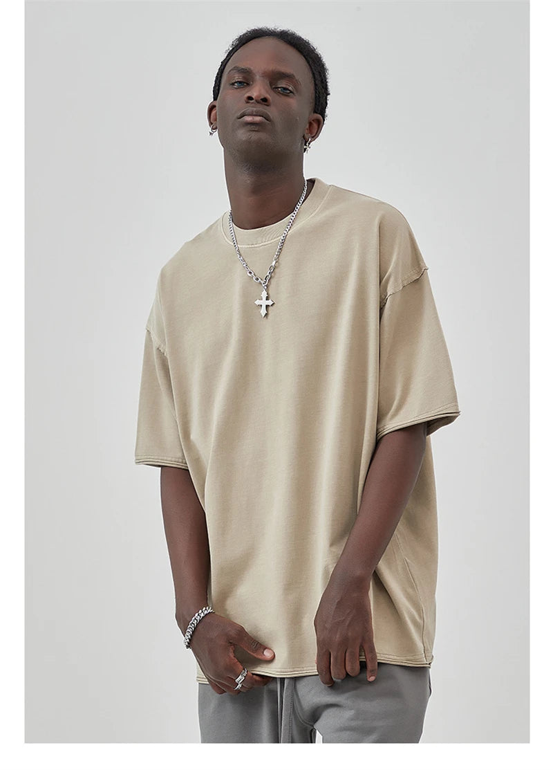 ZODF 2025 High Street Men Batik Washed Solid T Shirts Unisex Summer Loose Edge Noshrink 275gsm Cotton T-Shirt Streetwears HY0466