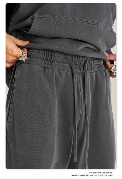 ZODF Retro Men Autumn Washed 380gsm Cotton Unisex High Street Oversized Solid Sport Straight Pants HY0885