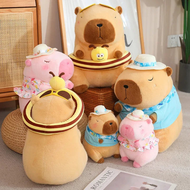 Pink Capybara Plush Toy Stuffed Seaside Beach Dress Blue Shirt Swim Ring Bee Decor Capibara Plushie Boy Hawaii Vacation Style