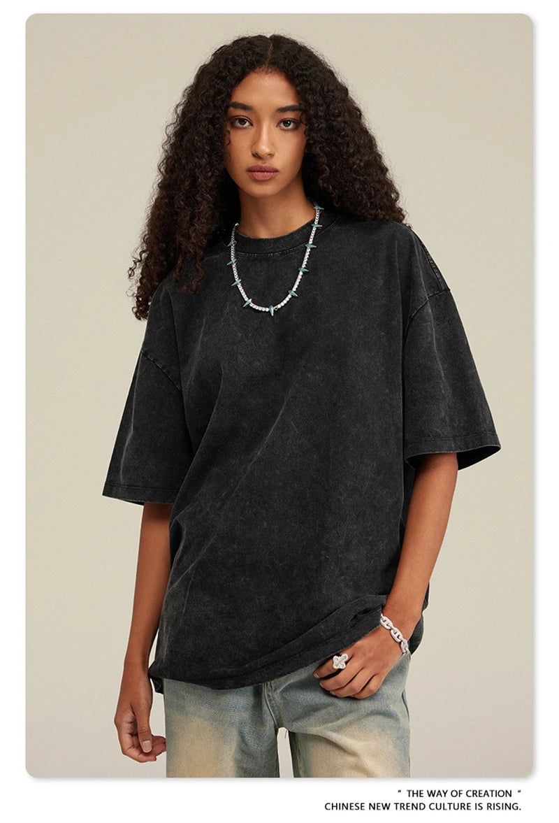 ZODF New Summer Men Washed Batik Cotton T Shirts Unisex American Retro High Street 270gsm Short Sleeve Tees Streetwear HY0489