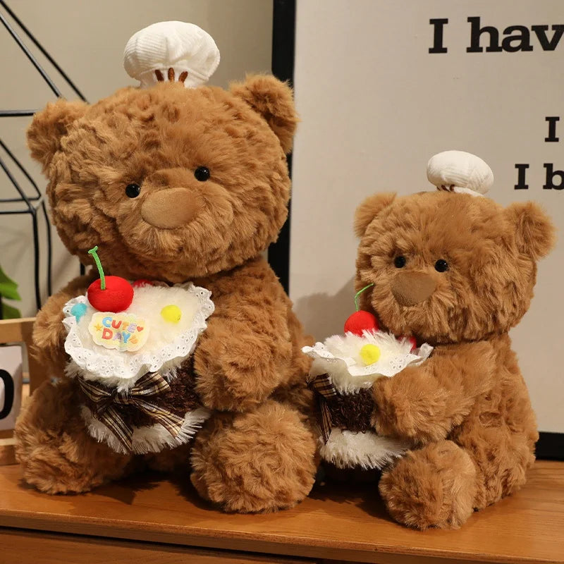 Chef Bear Plush Toy Cute Birthday Cake Bear Soft Stuffed Baby Doll Kids Sleep Pillow Sofa Adorable Cushion Birthday Xmas Gift