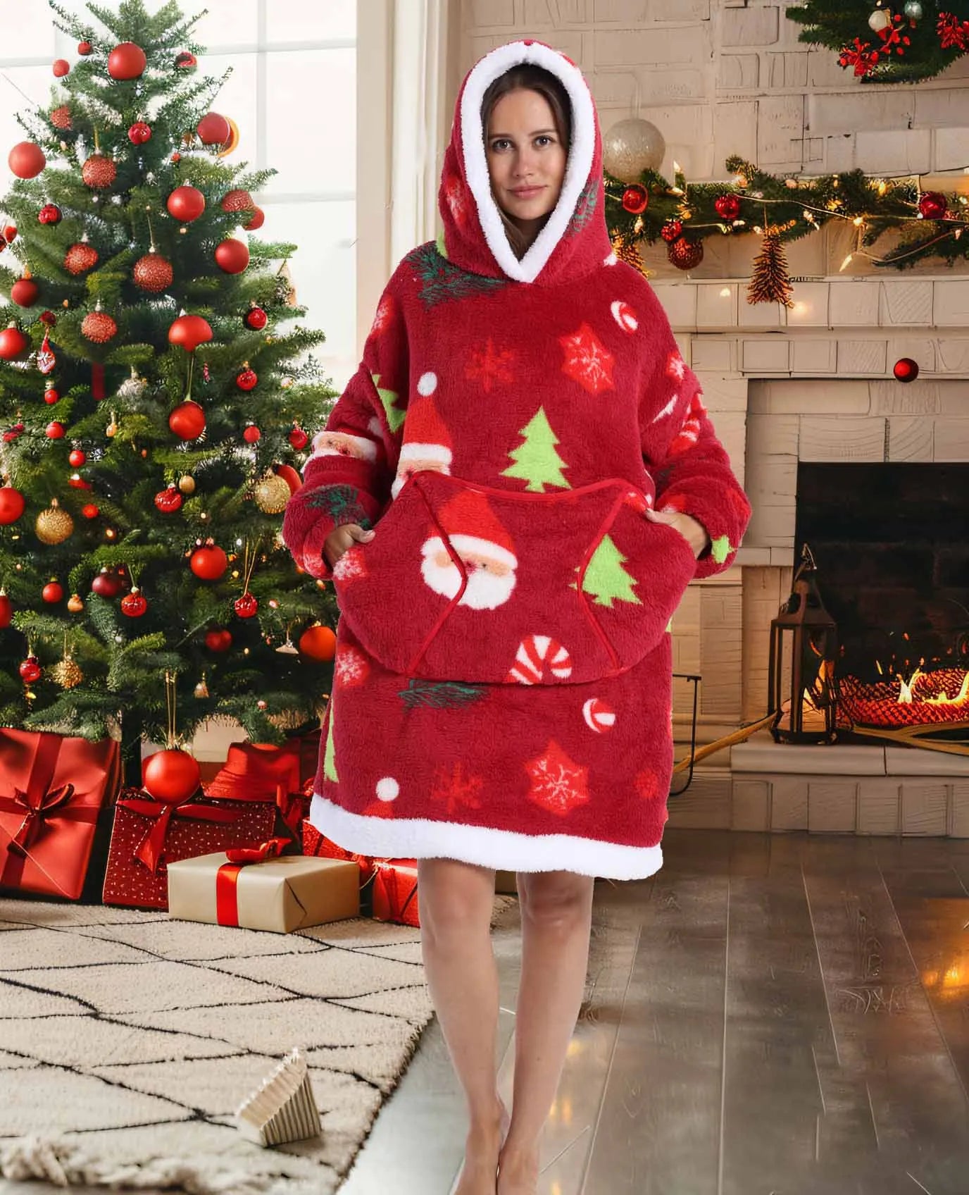 Short/Long Wearable Blankets Christmas Hoodies Winter Flannel Hooded Blanket with Full Sleeves Men Women Warm Adult TV Blanket
