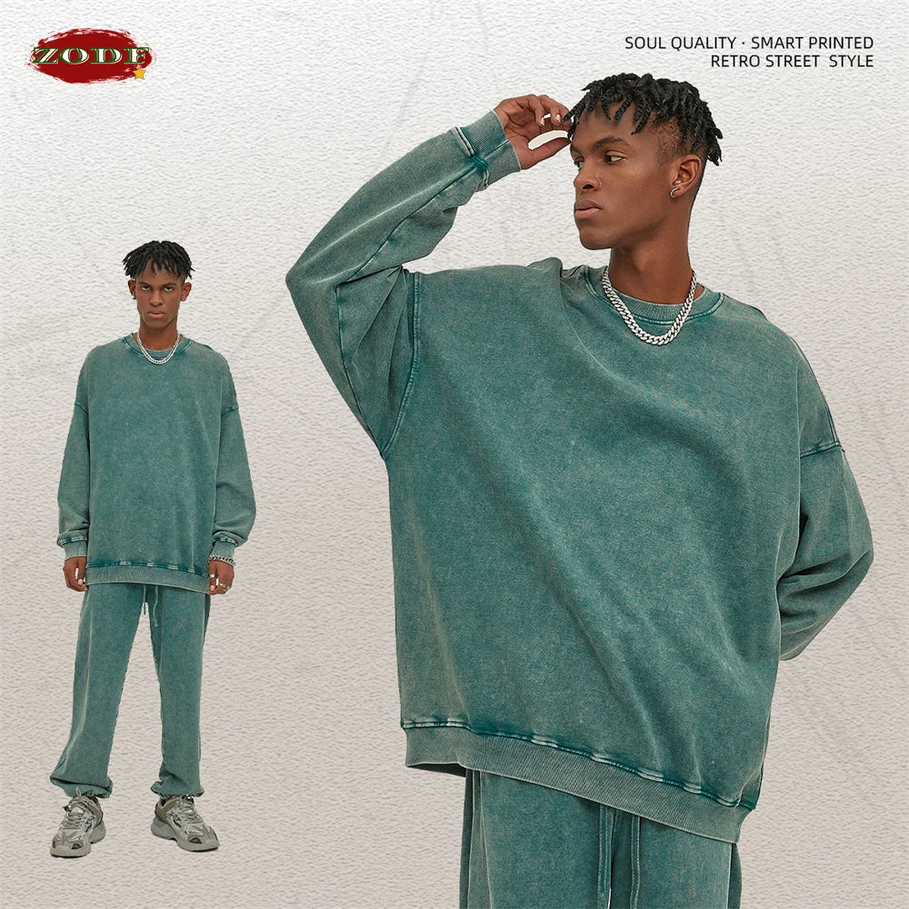 ZODF Retro Autumn Men Batik Washed Cotton Sweatshirts Unisex Loose 420gsm Terry O Neck Pullovers Streetwears HY0665