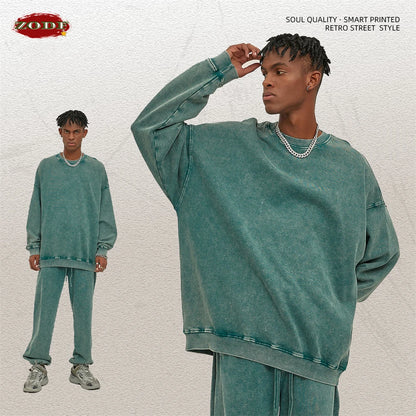 ZODF Retro Autumn Men Batik Washed Cotton Sweatshirts Unisex Loose 420gsm Terry O Neck Pullovers Streetwears HY0665