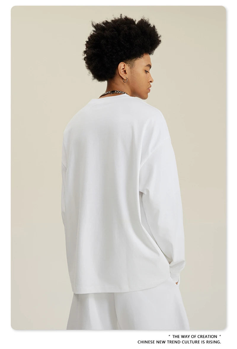 ZODF NEW Autumn Men's Solid Full Sleeve T Shirts Unisex Loose Oversized Casual 305GSM Cotton Basic T-Shirt Brand TEE HY0209