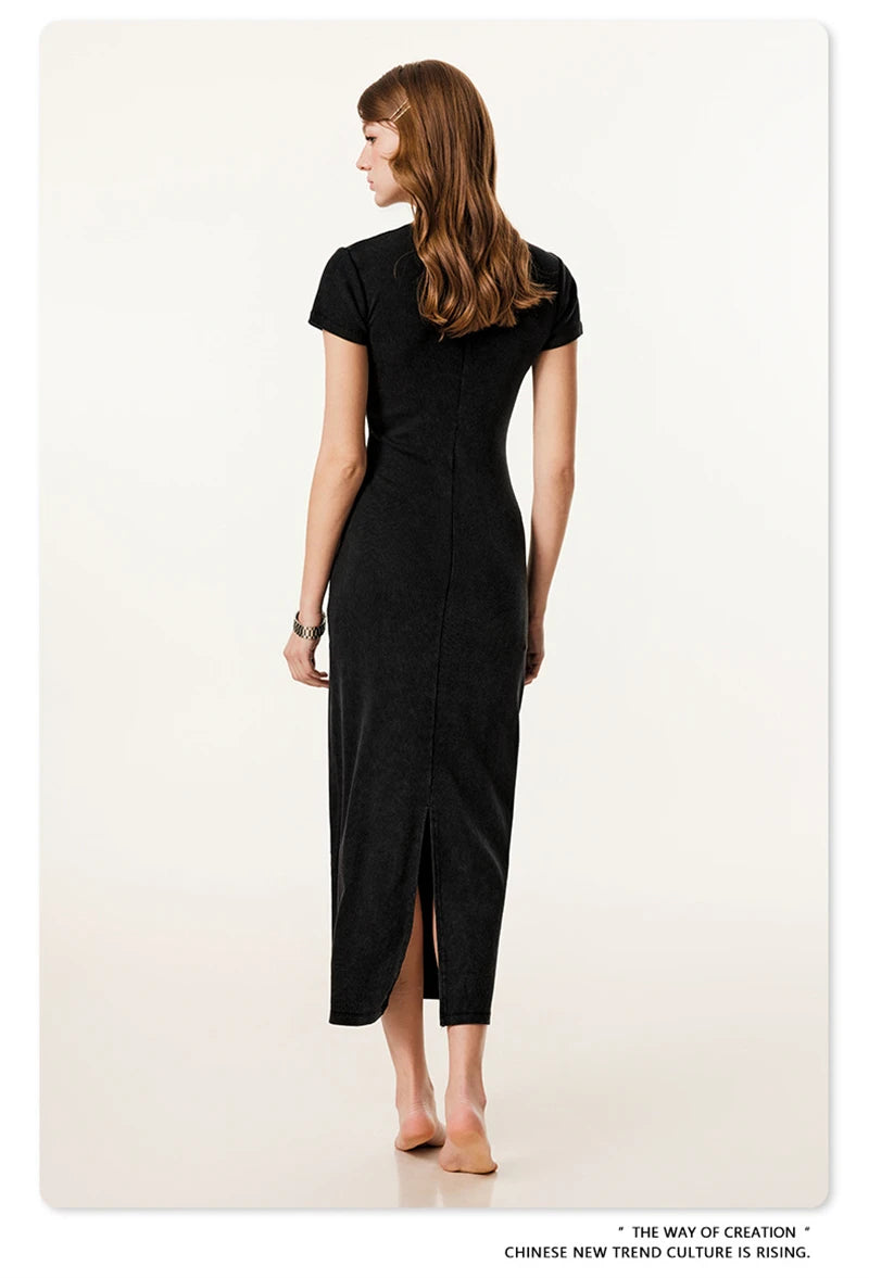 ZODF Sexy 2025 Spring Women 275gsm Long Dress Female Girls O Neck Washed Distressed Slim Slit Fit Dresses HY1008