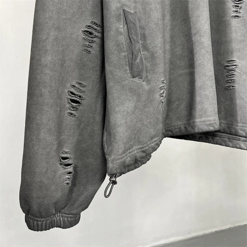 ZODF Vintage Winter Men Distressed 450gsm Hoodies Unisex High Street Ripped Holes Elastic Hem Hooded Pullovers Coat HY0932