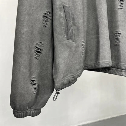 ZODF Vintage Winter Men Distressed 450gsm Hoodies Unisex High Street Ripped Holes Elastic Hem Hooded Pullovers Coat HY0932