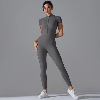 Naked zipper short sleeved yoga suit jumpsuit, quick drying breathable outdoor sports tight fitting jumpsuit, fitness suit