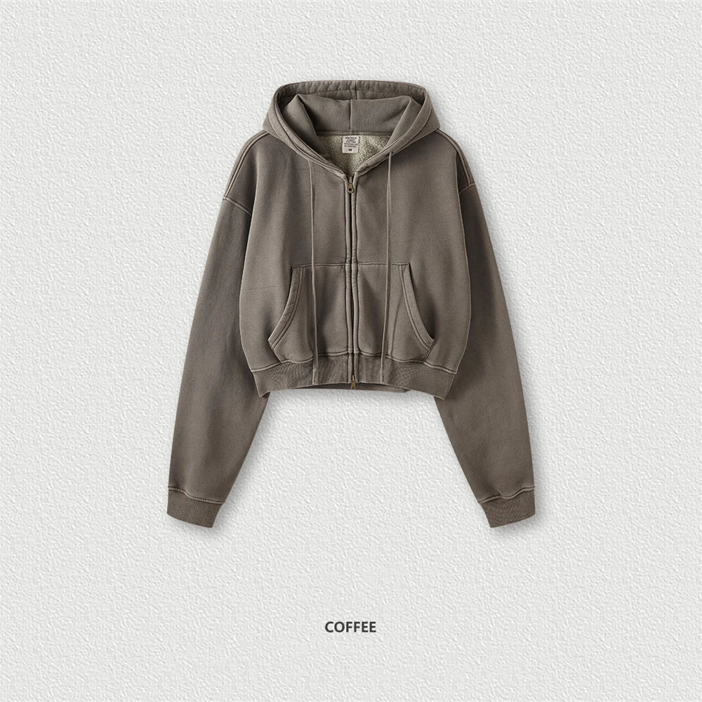 ZODF Retro 2025 Winter Women Short Zipper Hoodies Female Girls Loose 355gsm Thick Fleece Hooded Zip-up Coat Streetwears HY0448