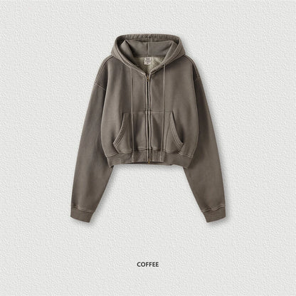 ZODF Retro 2025 Winter Women Short Zipper Hoodies Female Girls Loose 355gsm Thick Fleece Hooded Zip-up Coat Streetwears HY0448