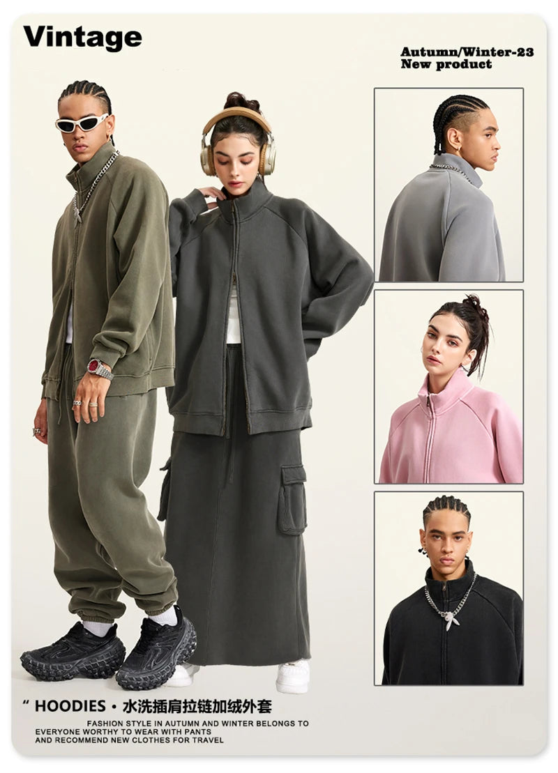 ZODF Retro Winter Men Washed Fleece Zipper Jackets Unisex Loose Oversized 400gsm Raglan Sleeve Coats Streetwears HY0649