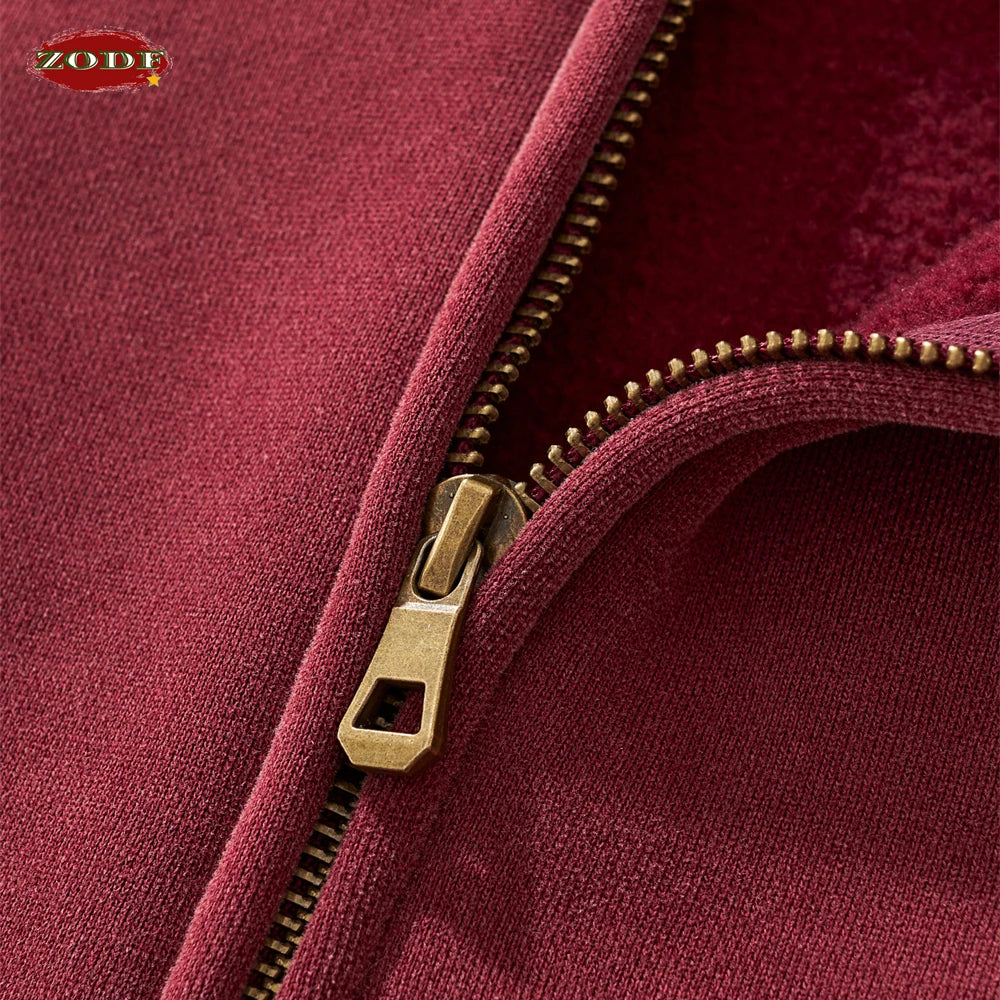 ZODF Retro Winter 350gsm Washed Zipper Fleece Hoodies For Men Unisex Loose Fit Boxy Style Thick Warm Hooded Coat Outfits HY0042