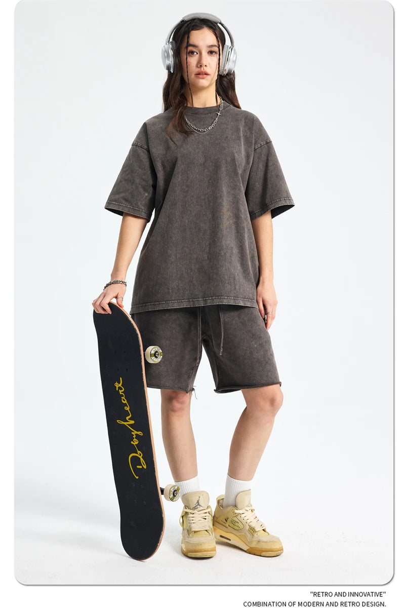 ZODF 2025 High Street Summer Washed Cotton Unisex Loose Retro Solid T-Shirt HY0113