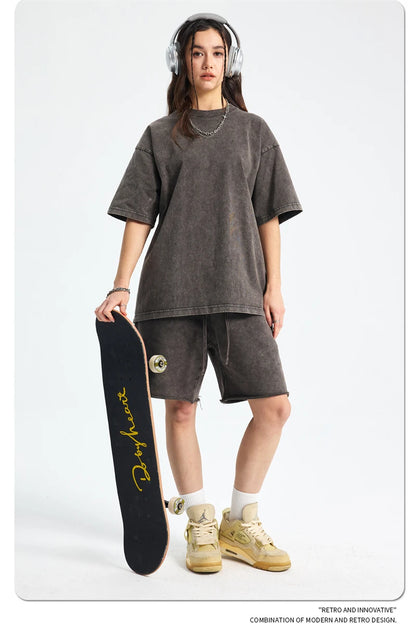 ZODF 2025 High Street Summer Washed Cotton Unisex Loose Retro Solid T-Shirt HY0113