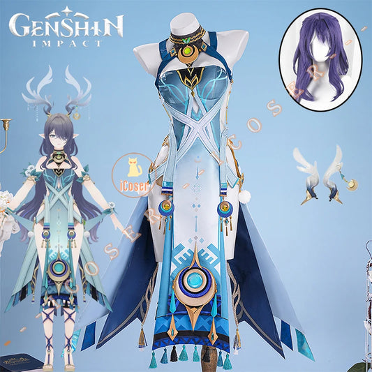 Genshin Impact Lauma Cosplay Costume Wig Dress Uniform Headwear Earrings Frostmoon Scions Halloween Party for Women Girls iCoser