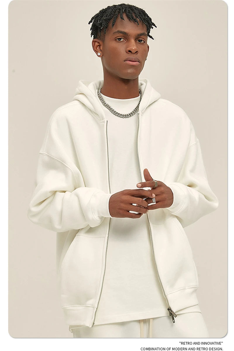 ZODF New Men Double Headed Zipper Fleece Hoodies Unisex Loose Basic Solid Warm Hooded Sweatshirts Coats For Winter HY0633