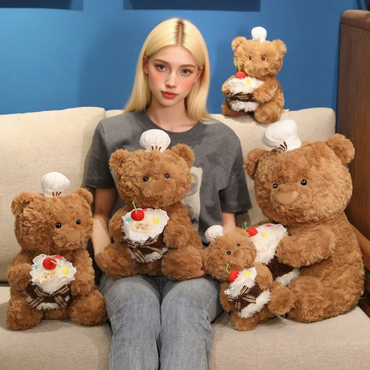 Chef Bear Plush Toy Cute Birthday Cake Bear Soft Stuffed Baby Doll Kids Sleep Pillow Sofa Adorable Cushion Birthday Xmas Gift