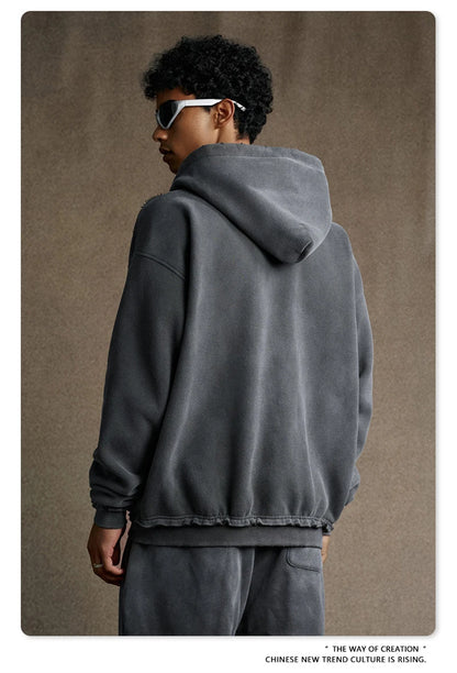 ZODF Retro Winter Men 400gsm Monkey Washed Zipper Hoodie Unisex High Street Loose Edge Ripped Distressed Hooded Pullovers HY1117