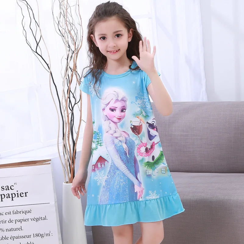 Girls Night Dress Summer Cartoon Snow White Frozen Princess Elsa Mermaid Print Toddler Girl Nightgown for Teens