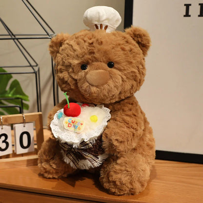 Chef Bear Plush Toy Cute Birthday Cake Bear Soft Stuffed Baby Doll Kids Sleep Pillow Sofa Adorable Cushion Birthday Xmas Gift