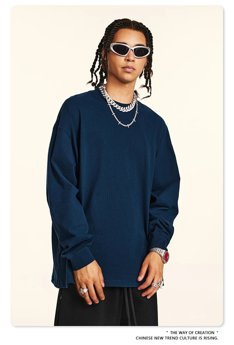 ZODF New 2024 Autumn 225gsm Loose Solid T-Shirt For Men Retro Unisex Antibacterial Full Sleeve T Shirts Brand Tops HY0871