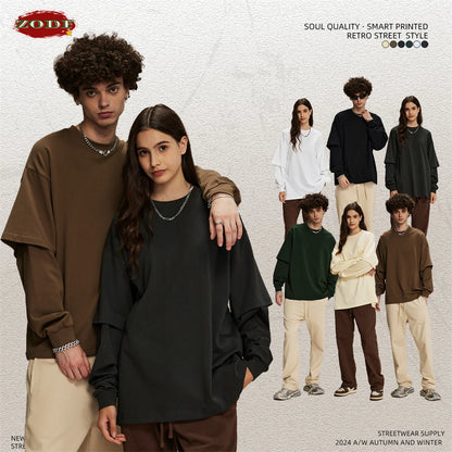 ZODF Fashion Spring Autumn Men 100% Cotton T-Shirt Unisex Fake 2-Piece 305gsm Solid Full Sleeve O Neck T Shirt Brand Tees HY0925