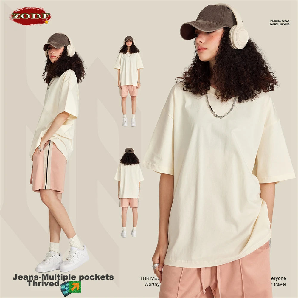 ZODF Trendy Summer 260gsm Cotton Oversized T Shirts For Men Unisex Male Kanye West High Street Solid Tees Brand Tops HY0122