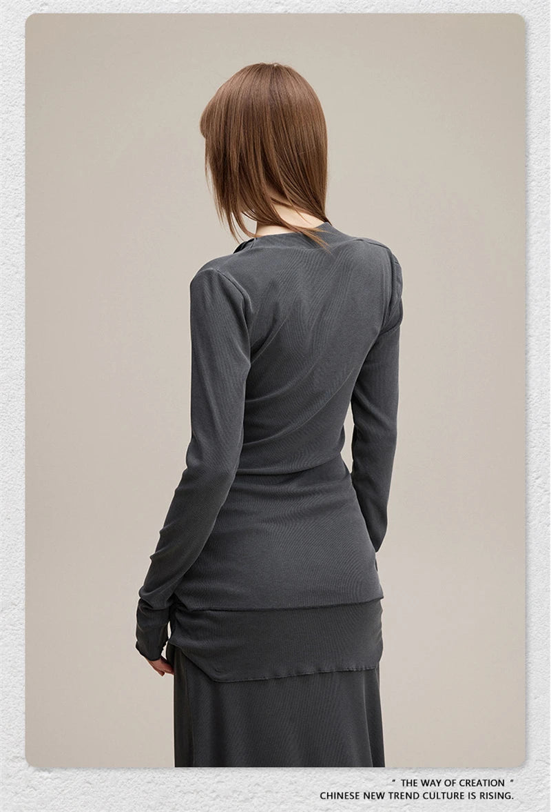 ZODF Retro Sexy Women Autumn Washed 275gsm T Shirt Ladies Girls Distressed Side Pleated Full Sleeve T-Shirts Tees HY1107