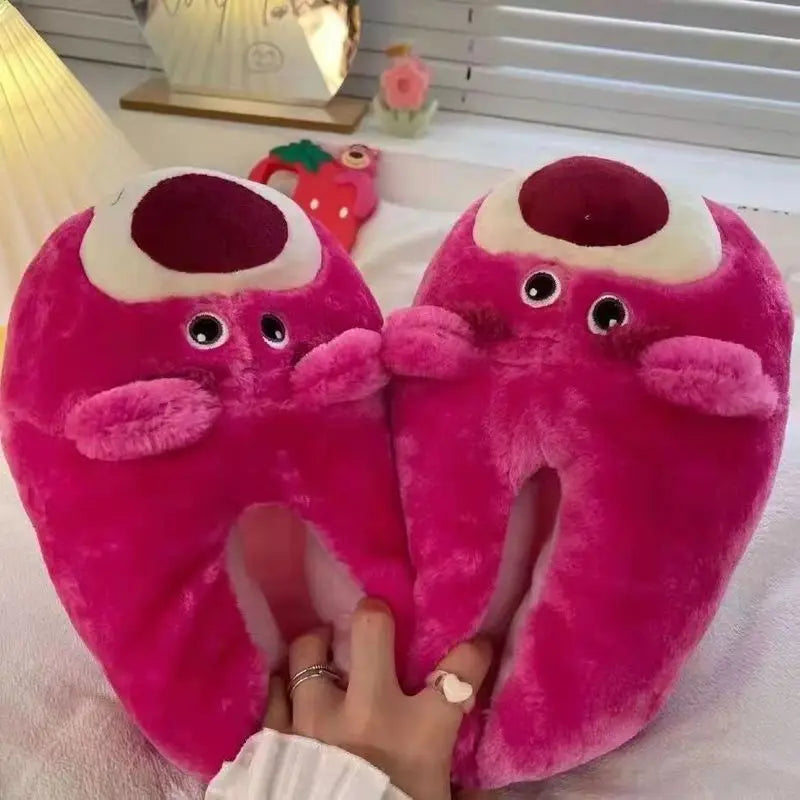 Disney Winter New Cute Cartoon Strawberry Bear Adult Home Cotton Shoes Indoor Floor Plush Warm Cotton Slippers Gift For Girls