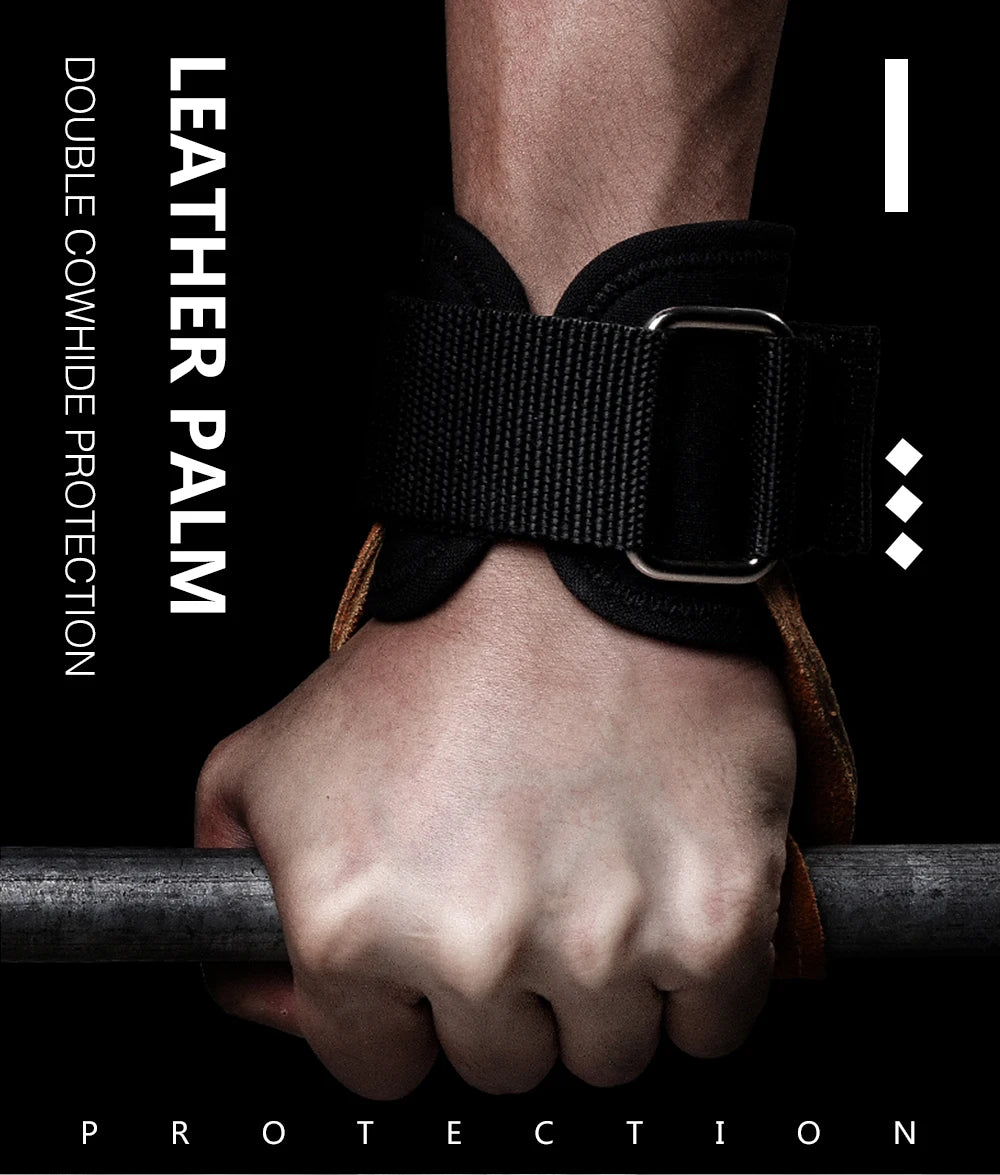 Cowhide Gym Grips Gloves Weightlifting Fitness Pull Up Crossfit Workout Anti-Slip Wear-Resistant Palm Protection - Black