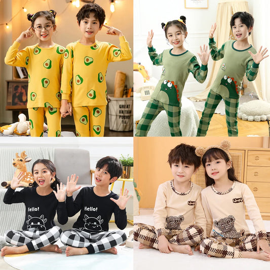 100 Cotton Boys Pajamas Sets For Girls Clothes Night Wear Spring Autumn Winter Cute Yellow Dinosaur Plaid Teenage Child Clothing